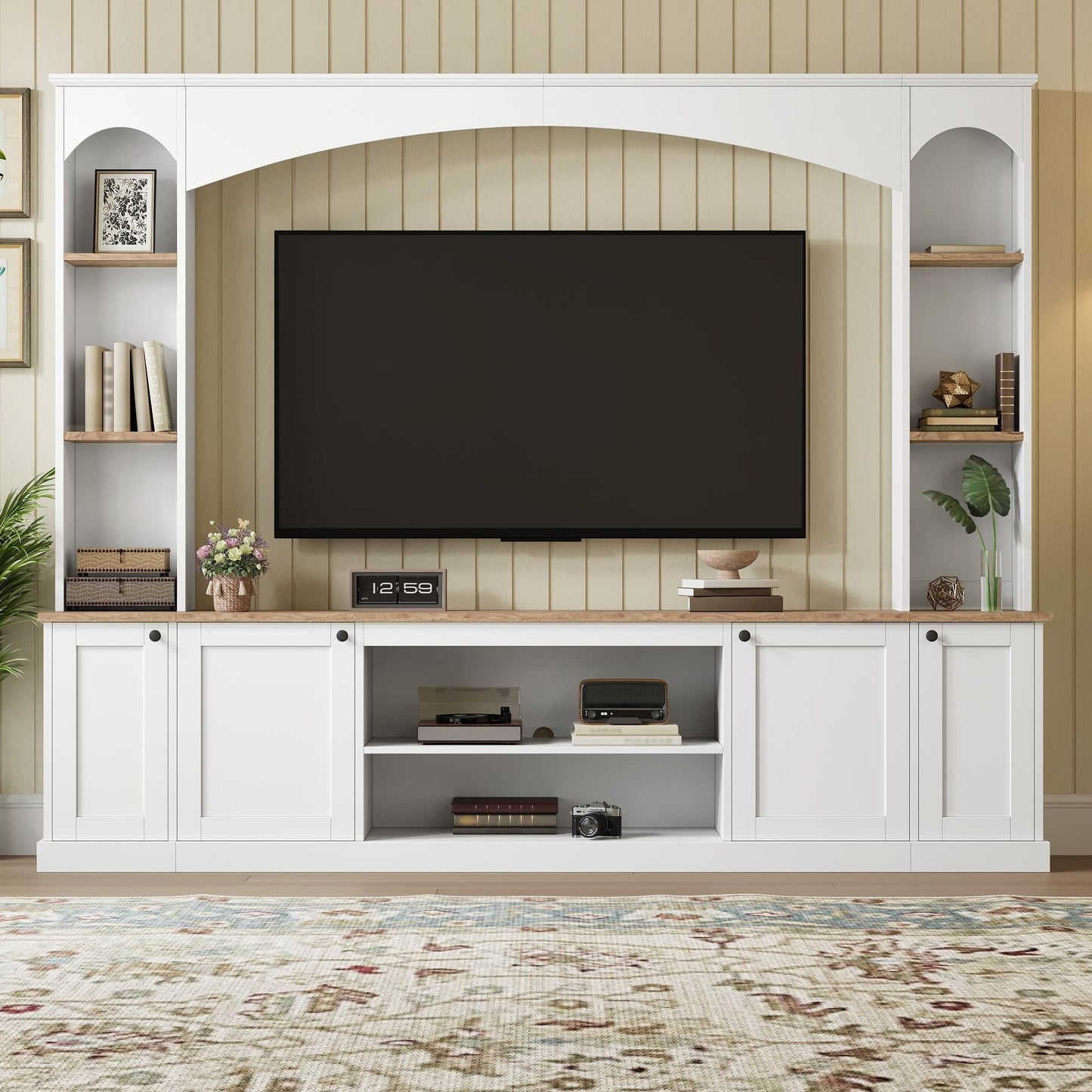Merax Elegant Arched Entertainment Center Wall Unit with Bookshelf, Minimalism TV Stand for Televisions up to 70", Mid-Century Media Console with Adjustable Shelves for Living Room, White