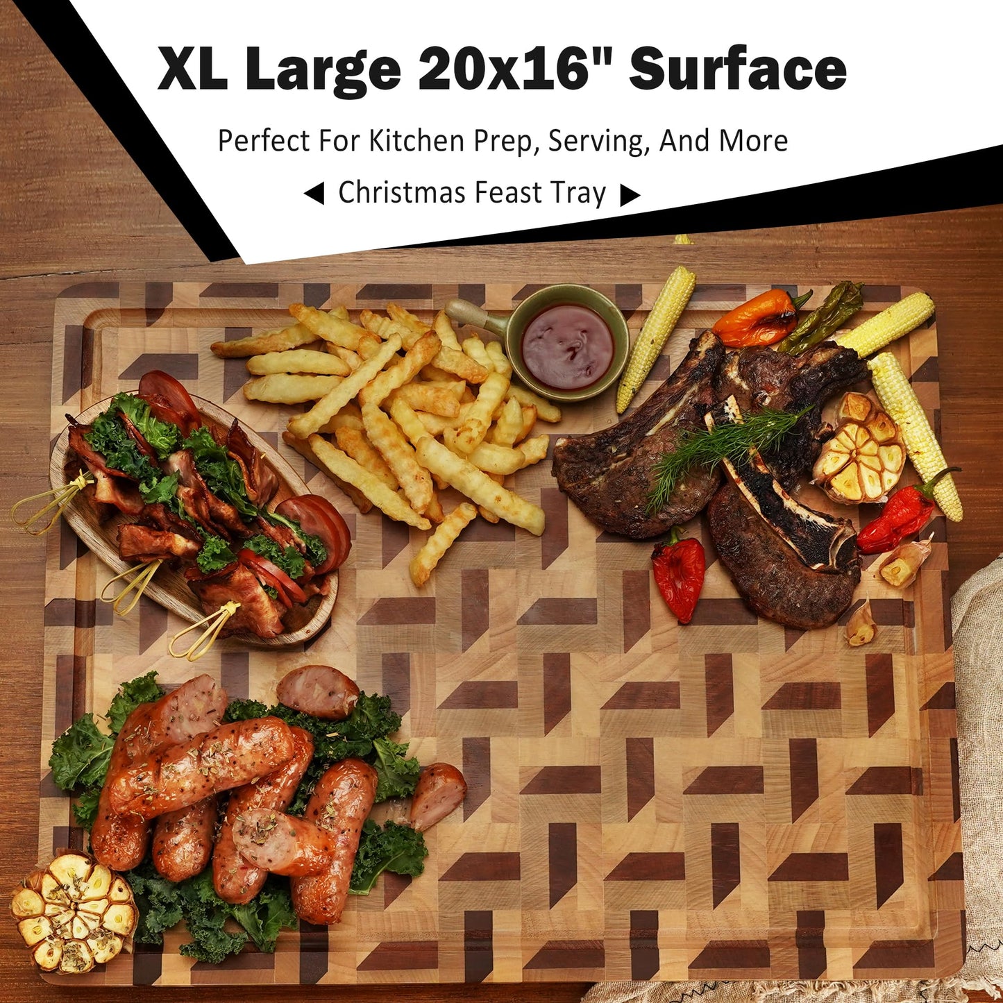 YOUSUNLONG 3D Zigzag Pattern End Grain Cutting Board - Walnut & Maple Reversible Butcher Block 20"L x 16"W x 1.5"Th with Juice Groove - Serving Block Tray for Brisket,Meat,Cheese,Charcuterie