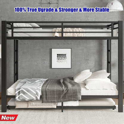 AOOMEEC Higher Quality & Stronger Metal Bunk Bed Queen Over Queen Size Bunkbed Frame, Thickened Heavy Duty More Stable Steel Bunk Bed with Twin Size Trundle (Queen Over Queen)