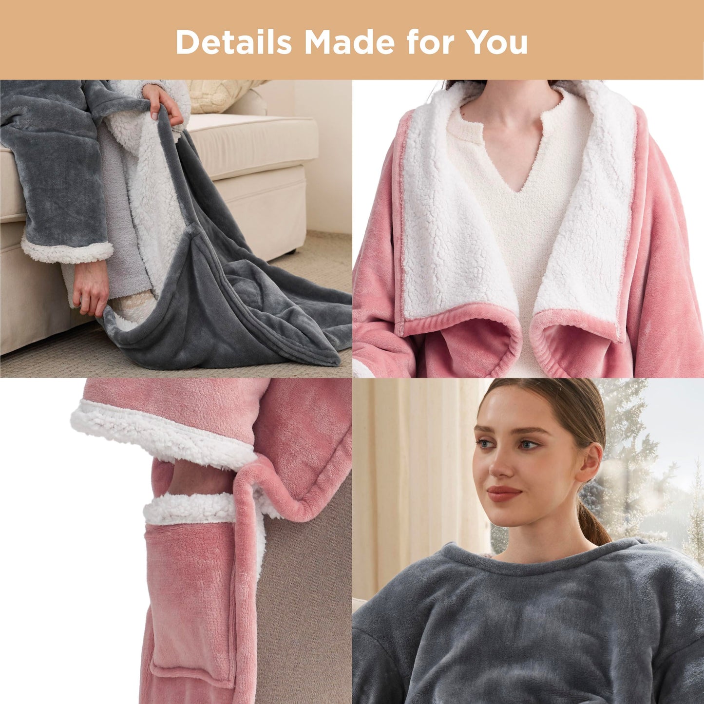 Bedsure Heated Blanket Wearable Shawl - Electric Wrap Poncho Blanket Hoodie for Adult, Birthday Gifts for Mom Women, Sherpa Heating Throw with 4 Time Settings & 6 Heat Settings, 55x64 inches, Grey