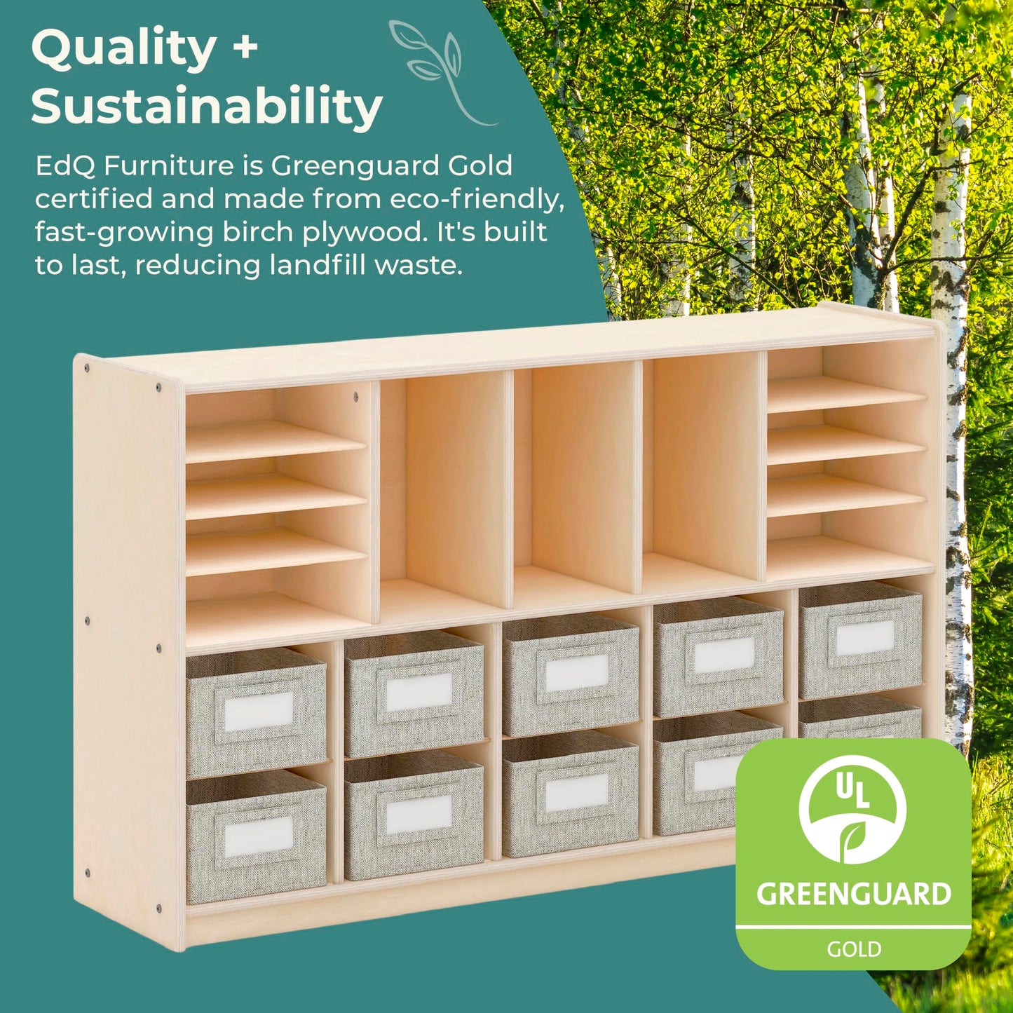 Guidecraft EdQ Shelves and 10 Bin Storage Unit- Natural: Multi-Functional Cube Storage Organizer or Bookcase, Wooden Cabinet for School and Home, Teacher's Book Cubby and Toy Shelf