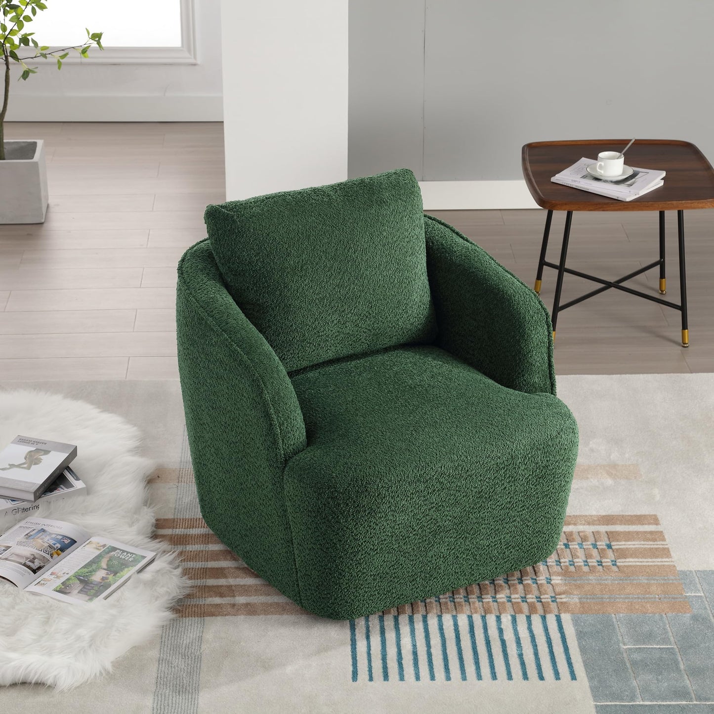 KEIKI 30" Boucle Round Accent Oversized Single Sofa Chair with High Resilience Cushion, Modern Style Upholstered Swivel Accent Barrel Chair, Lounge Armchair, Easy Assembly, for Living Room, Green