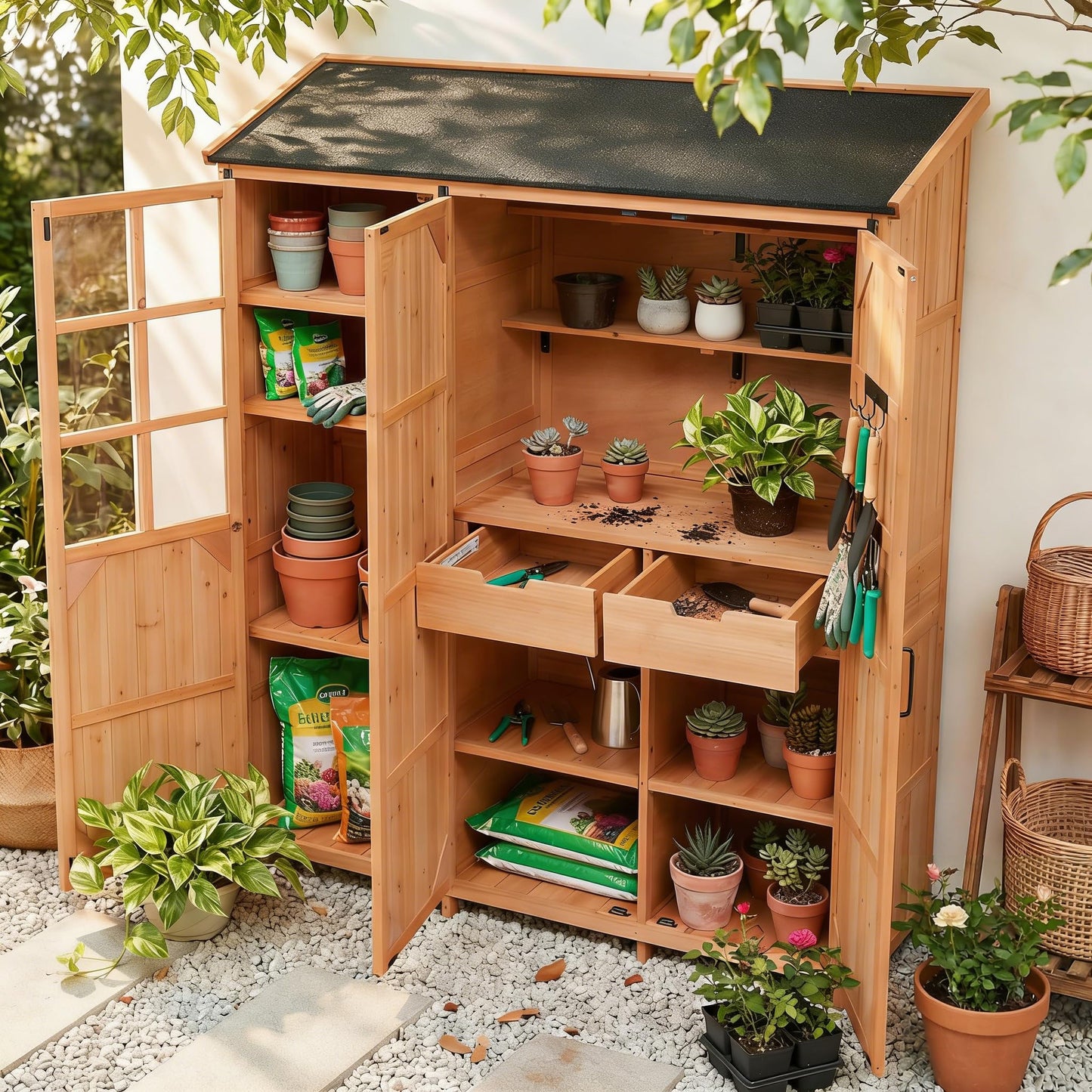 Merax Outdoor Wood Large Patio Garden Storage Shed with Waterproof Roof, 3 Doors Storage Cabinet with Workstation, 7 Storage Shelves, 2 Drawers and 6 Hooks for Backyard, Natural