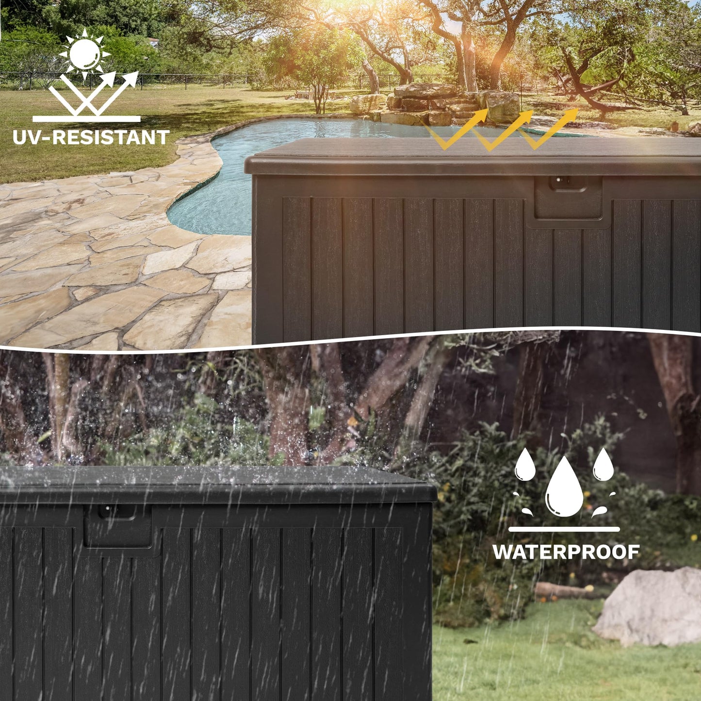 DWVO 260 Gallon Resin Outdoor Storage Box, XXL Double-Wall Waterproof Deck Box with Divider, Doubles as Table or Seating with 1000 lbs Capacity, Lockable (Black)