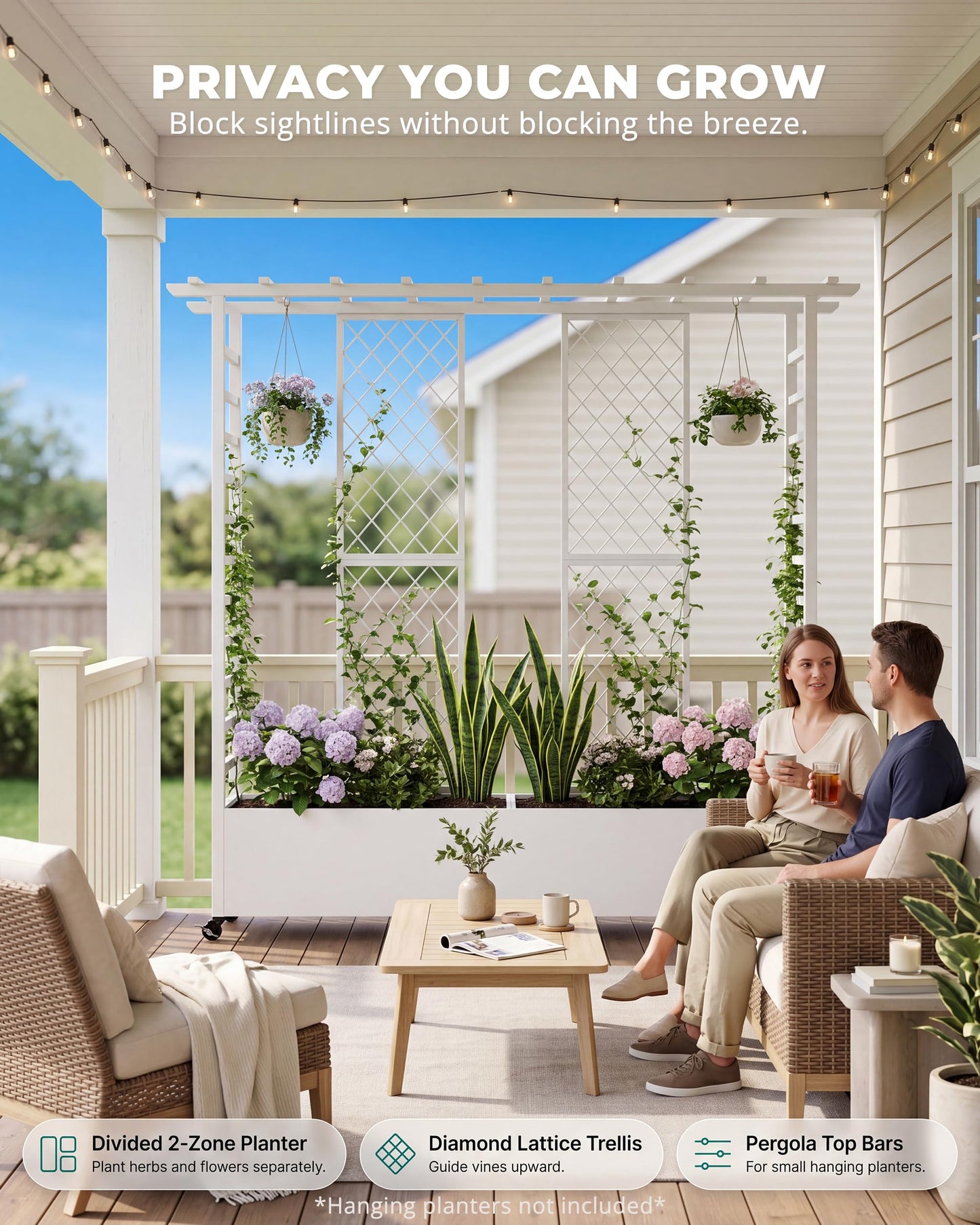 TinFrey Metal Raised Garden Bed with Trellis, 77" Double Planter Box with Pergola Top & Diamond Lattice, 6 Wheels (4 Lockable), Outdoor Trellis Planter for Climbing Plants Vines Flowers, White