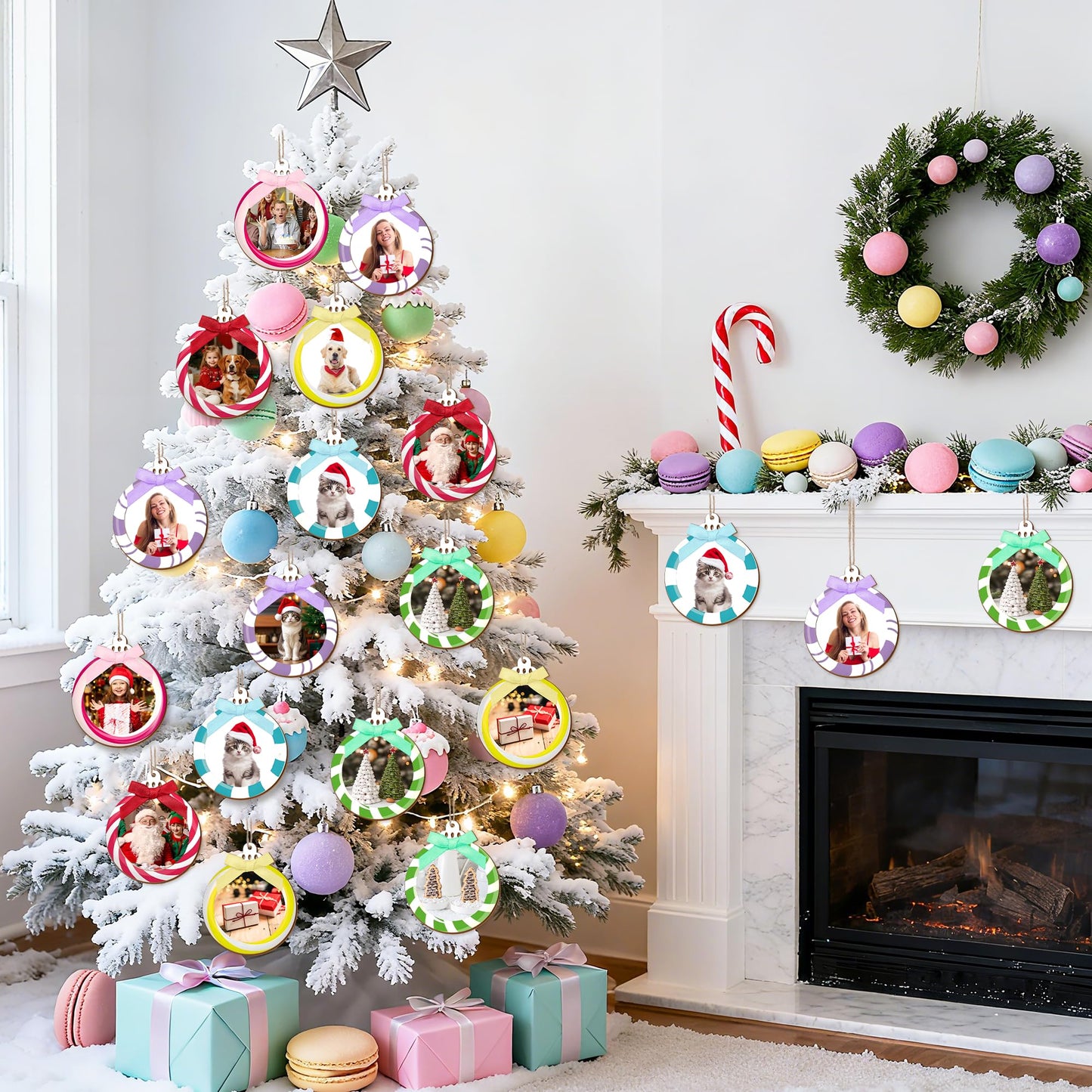 24 Pcs Wooden Candyland Photo Frame Ornaments, Picture Ornaments for Hanging, Candyland Decorations & Stockings Decor, DIY Keepsakes for Candyland Party (Macaron)