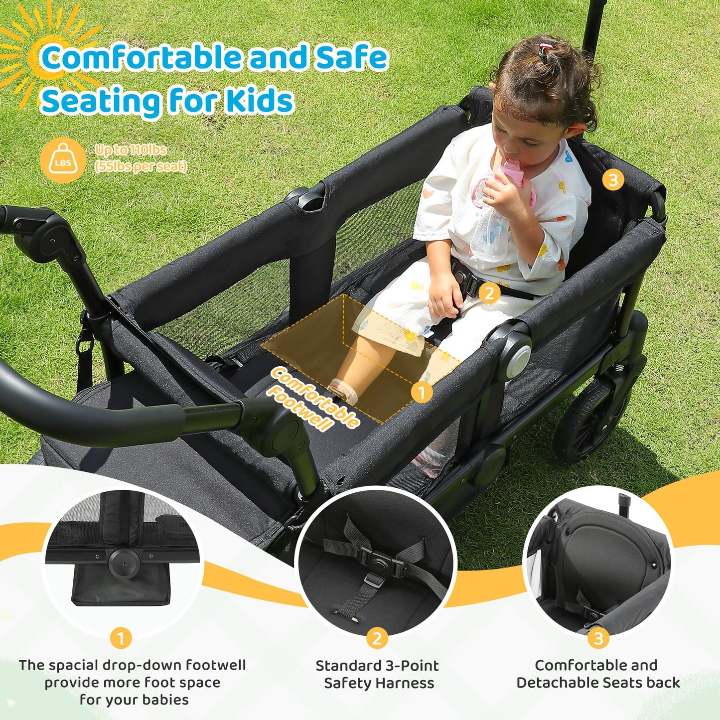 ELEMARA Foldable Wagon Stroller, Stroller Wagon for 2 Kids, Premium All Terrain Wagon for Kids with Removable Canopy, Adjustable Push/Pull Handle, Harnesses, Large Storage Bag, Black