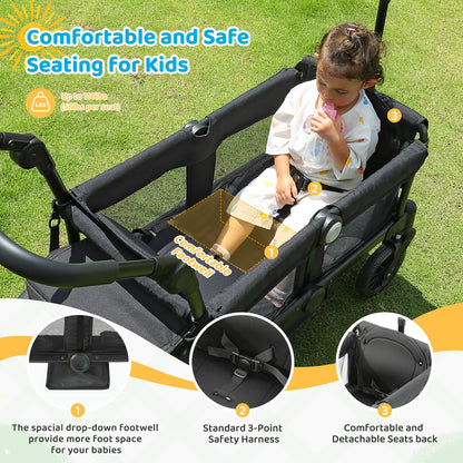 ELEMARA Foldable Wagon Stroller, Stroller Wagon for 2 Kids, Premium All Terrain Wagon for Kids with Removable Canopy, Adjustable Push/Pull Handle, Harnesses, Large Storage Bag, Black