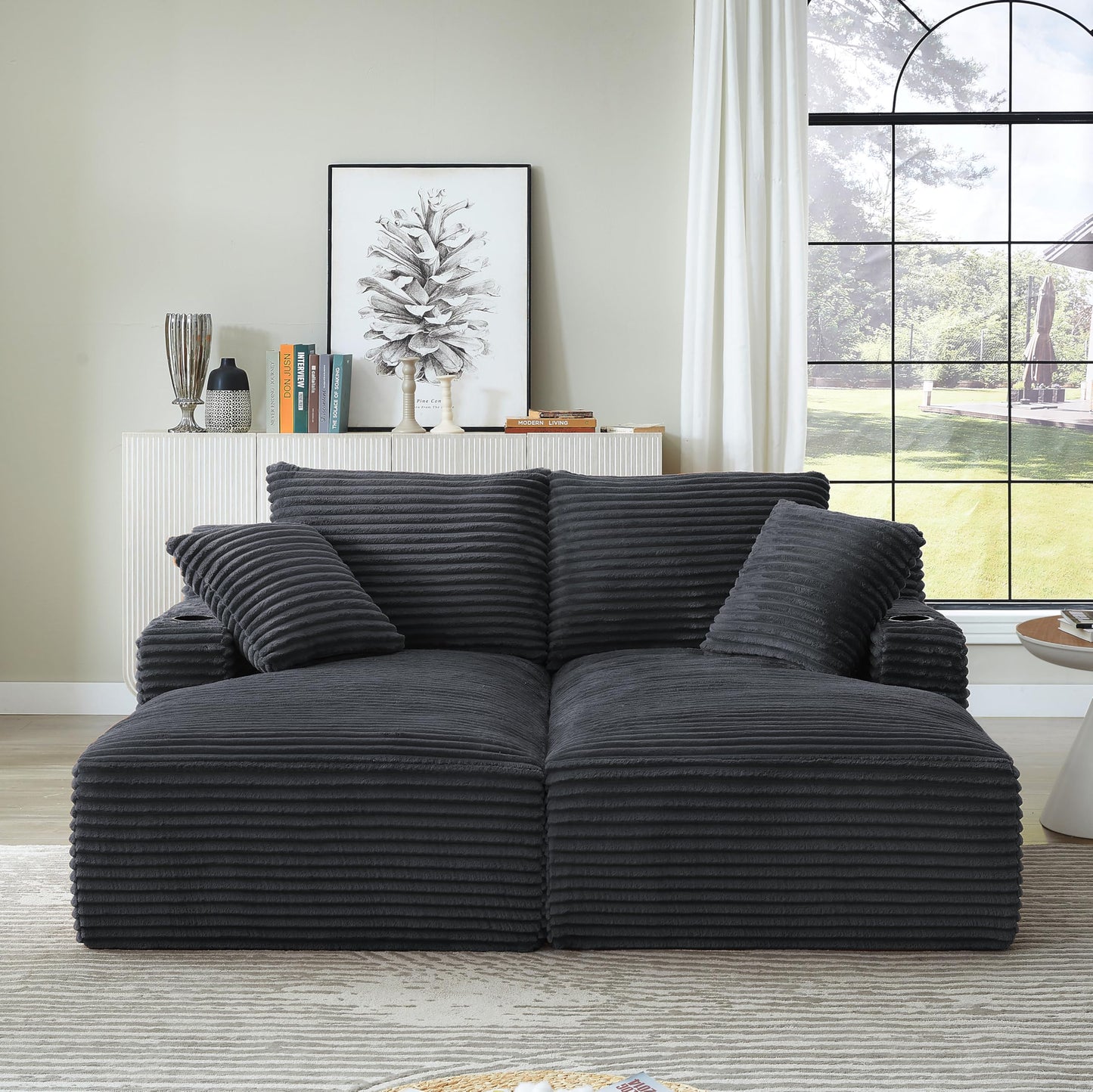 Eafurn Oversized Double Chaise Lounge Indoor with Cup Holders & Side Pocket, 71" Plush Corduroy Boneless Chaise Lounge Sofa with High Density Sponge & Deep High Seat Comfy Sleeper Couch Bed