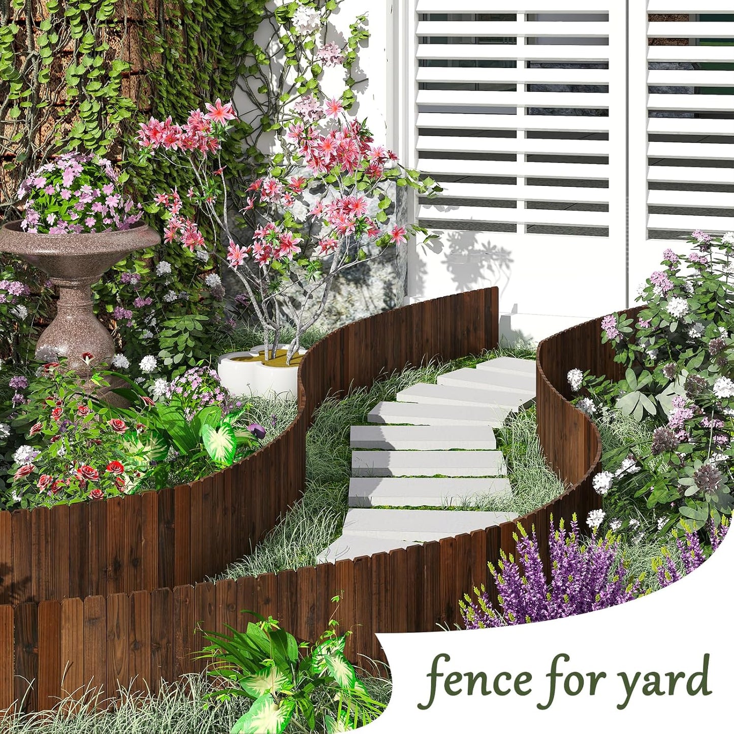 Wood Garden Edging Border, No Dig Landscape Edging, Decorative Flower Bed Border, 11.8" H x 48" L (1 Pack)