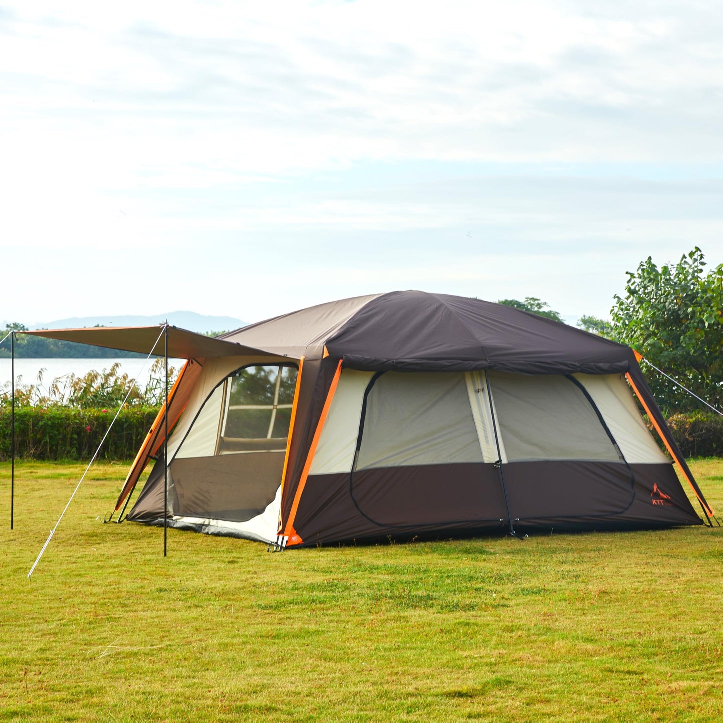 KTT Extra Large Tent 12 Person,Family Cabin Tents,Awning,2 Rooms,4 Doors and 4 Windows with Mesh,Straight Wall,Waterproof,Double Layer,Big Tent for Outdoor,Picnic,Camping,Family Gathering(Brown)