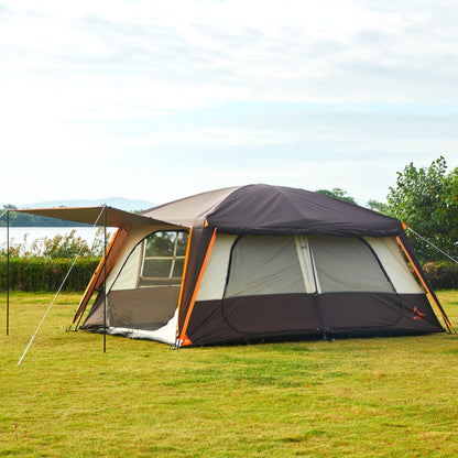 KTT Extra Large Tent 12 Person,Family Cabin Tents,Awning,2 Rooms,4 Doors and 4 Windows with Mesh,Straight Wall,Waterproof,Double Layer,Big Tent for Outdoor,Picnic,Camping,Family Gathering(Brown)
