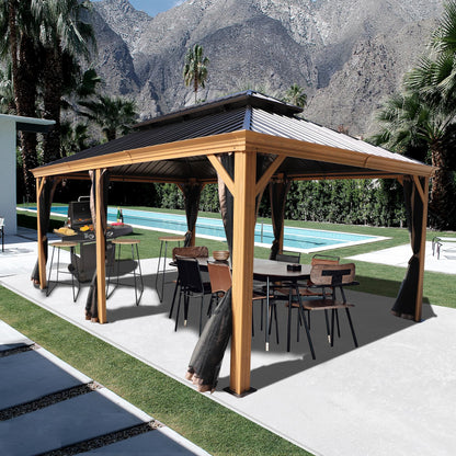 Kozyard Apollo 12’x18’ Hardtop Gazebo, Wooden Coated Aluminum Frame Canopy with Galvanized Steel Double Roof, Outdoor Permanent Metal Pavilion with Netting for Patio, Lawn