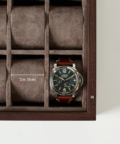 TAWBURY Wooden Watch Case - 12 Slot Wood Watch Box for Men & Women with Glass Display, Protective Fully Lined Interior and 2-inch Wide Pillows for Small & Large Watches (Dark Walnut)