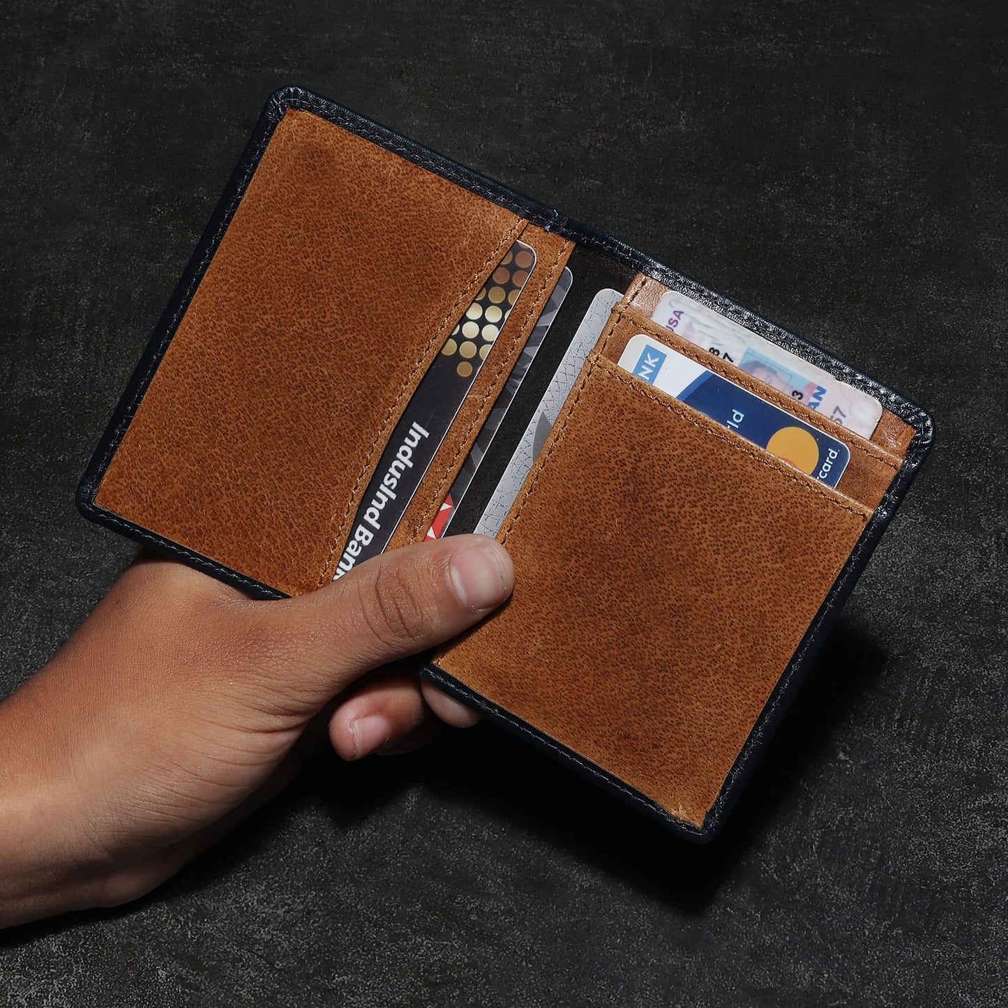 FOXHACKLE Leather Credit Card Holder for Men, Thin Bifold RFID Blocking Wallet, Slim Front Pocket Minimalist Wallet, Small Card Case (Blue Tan)