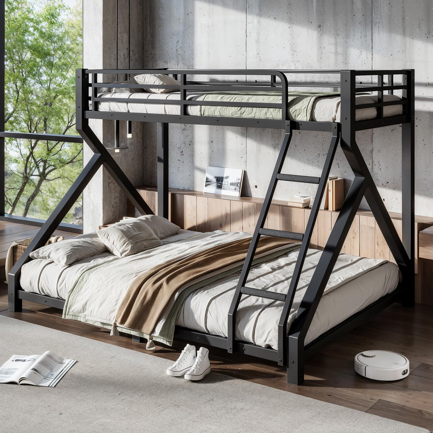 KEIKI Twin XL Over Queen Size Metal Bunk Bed Frame with Ladder & Guardrails, for Teens, Low Profile Design Modern Bunk Bed with Solid Slats, No Box Spring Required, Easy Assembly, for Bedroom, Black