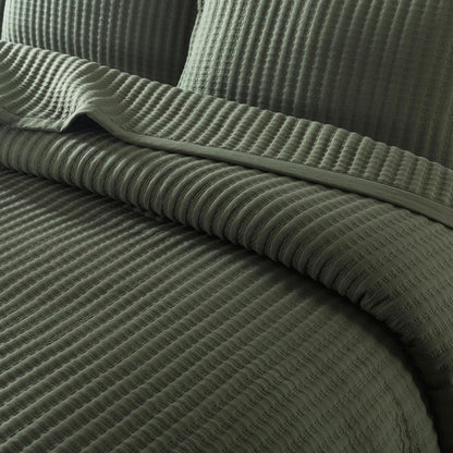 WDCOZY Olive Green Queen Size Quilt Set, Striped Pick Stitch Lightweight Bedspread, Soft Channel Farmhouse Rustic Coverlet, Spring Summer Thin Comforter, Country Bedding, 90x90 inches