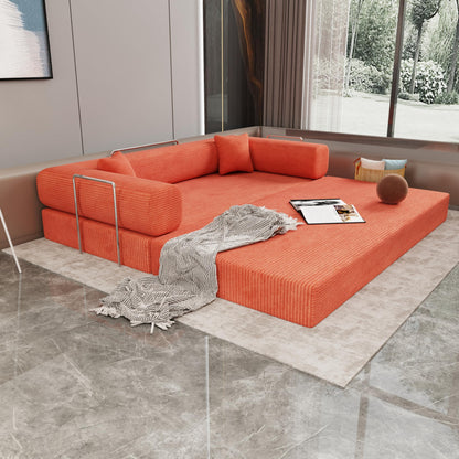 KEIKI Convertible Futon Floor Sofa Bed with Pillows, Corduroy Foldable Sleeper Couch for Living Room & Bedroom, Tangerine