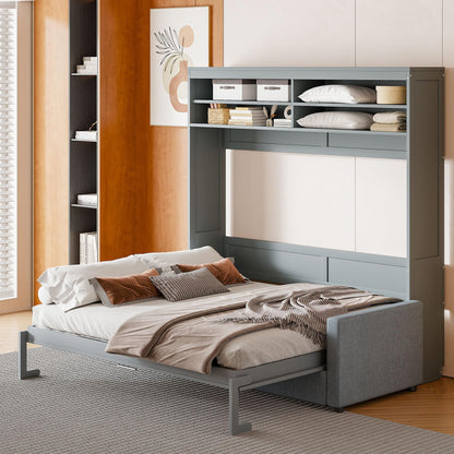Merax Queen Size Murphy Cabinet Bed with Sofa, Wood Folding Murphy Bed with Open Shelves, Space-Saving Wall Bed for Guest Room and Home Office