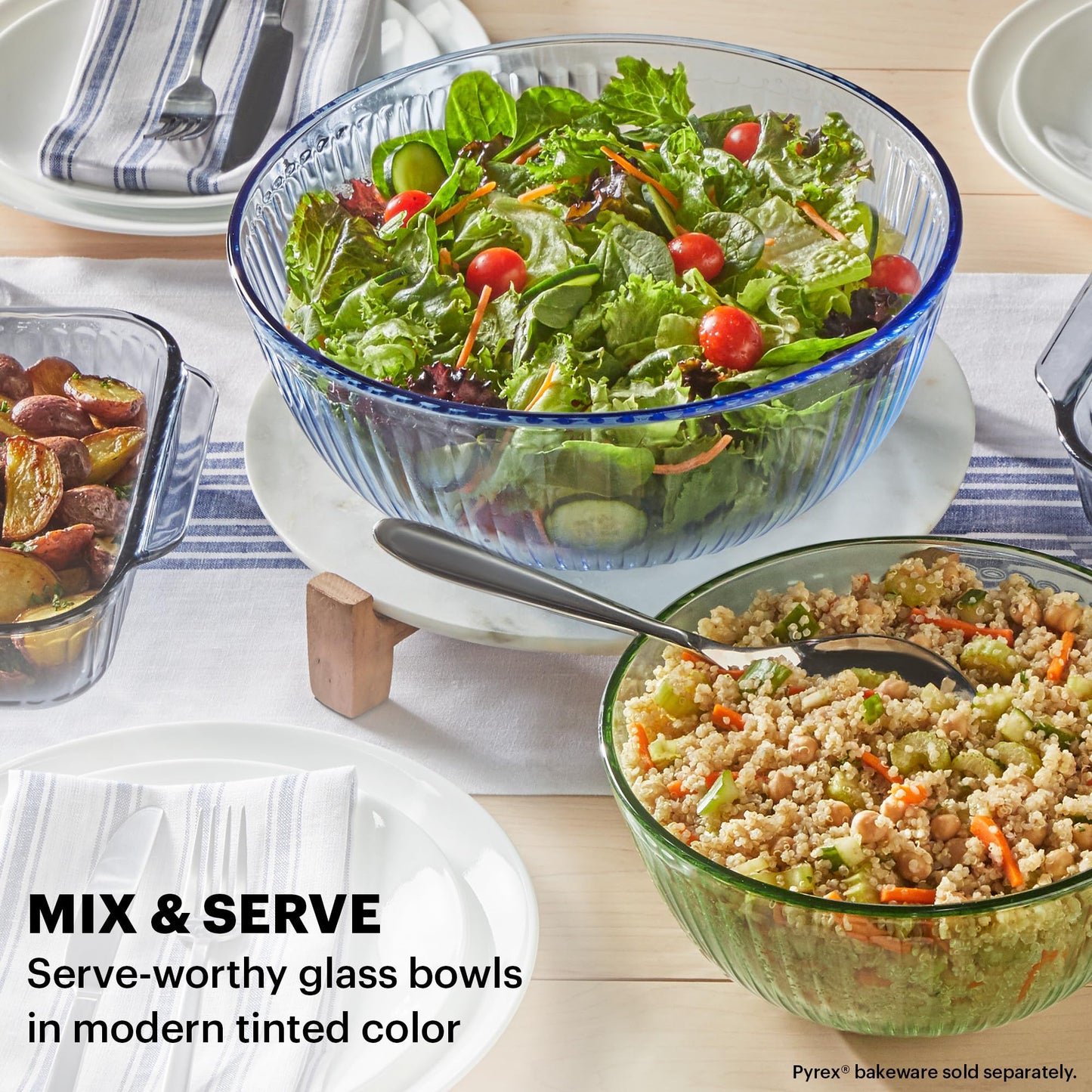 Pyrex Colors Tinted 3-PC, Unlidded Small/Medium/Large Glass Mixing Bowls, Nesting Space Saving Set of Bowls For Prepping and Baking, 1.3QT, 2.3QT & 4.5QT