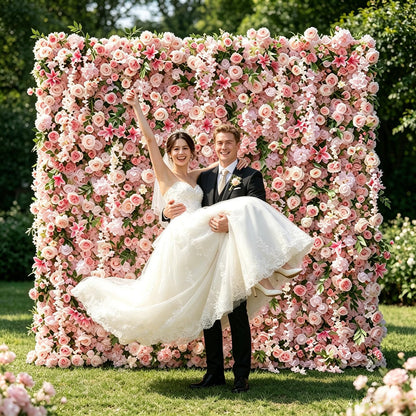5D Realistic Rose Flower Wall Backdrop, 8×8FT Reusable Flower Wall Panel, Easy to Install & Store, Ideal for Wedding, Birthday Party & Home Decoration, Pink, Without Stand