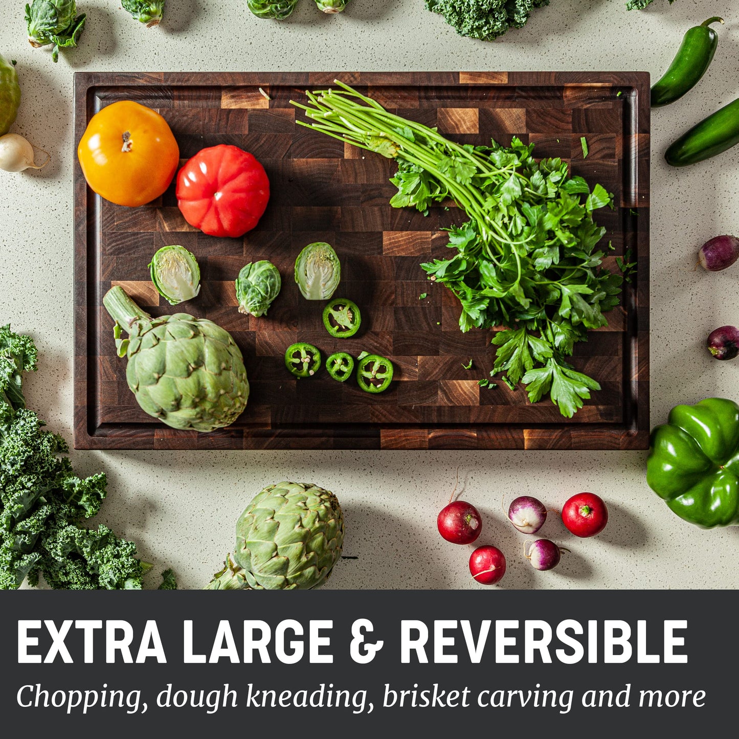 Mevell Walnut End Grain Cutting Board for Kitchen, Reversible Extra Large Wooden Butcher Block With Juice Grooves, Made in Canada (Walnut, 20x13x2)
