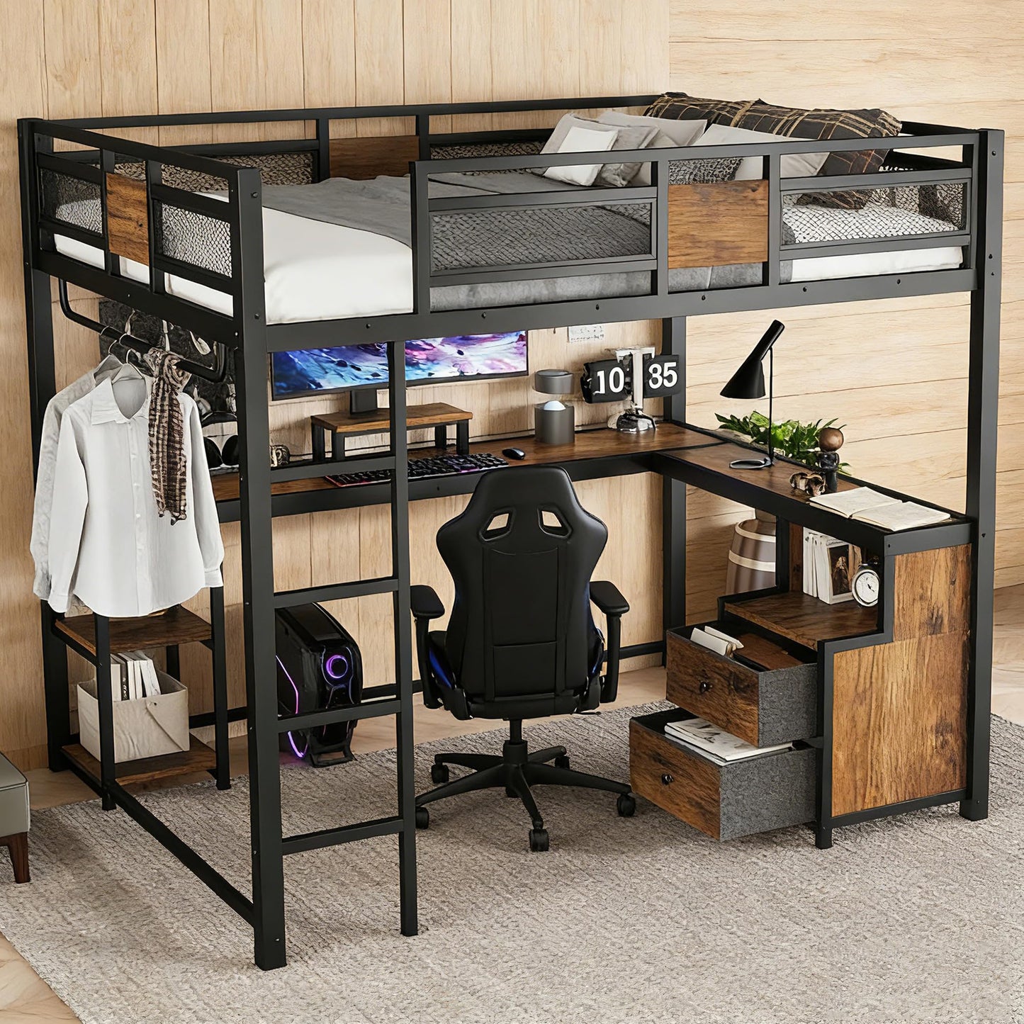 Bellemave Metal Queen Size Loft Bed with Desk and Non-Woven Fabric Drawers,Heavy Duty Loft Bed Frame with Clothes Rack and Storage Shelves for Kids,Teens,Adults, Space Saving,Black