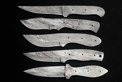 5 pieces set of 8 to 9.5 inches long hand forged twist pattern Damascus steel blank blade skinning knife set, Over all 44 inches long blades compact pocket knife blanks, knife making supplies