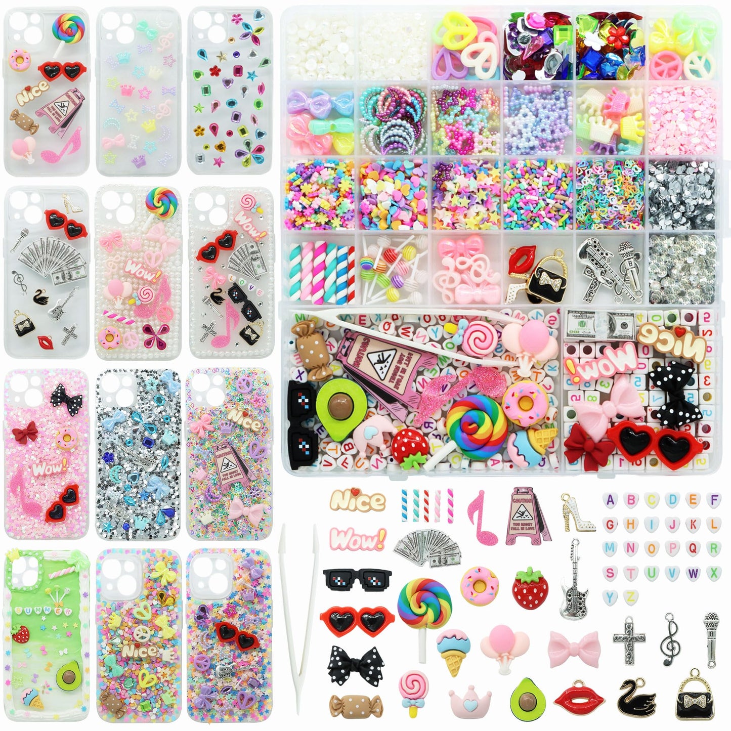 RidaaFri 3000 Pcs Junk Case Charms Kit, DIY Phone Case & Nail Decor with Big Charms, Kawaii Bows, Pearls, Rhinestones, Letter Beads for Aesthetic Personalization