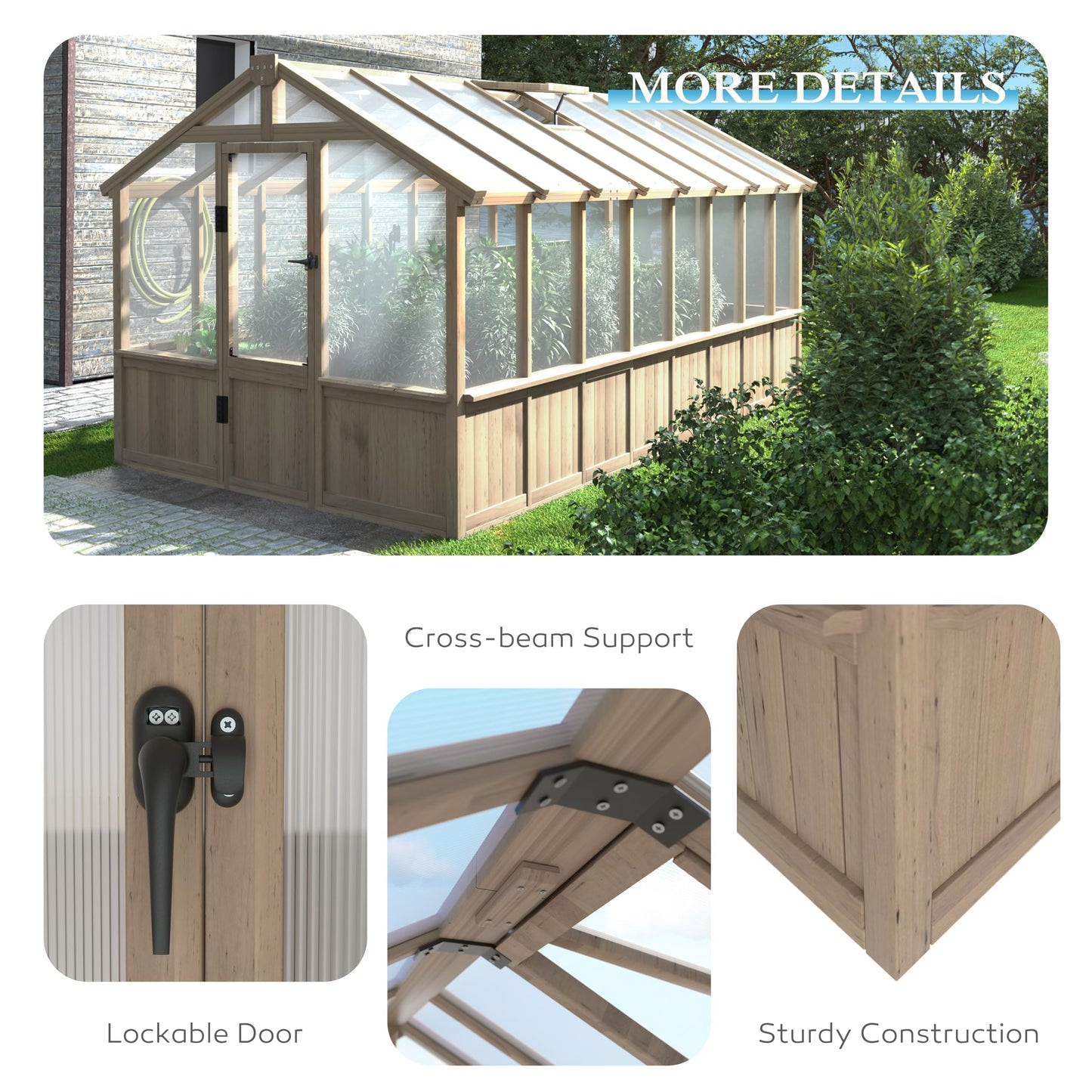 Yardenaler 8x16 FT Greenhouse for Outdoor, 6MM Thick Polycarbonate Panel Wooden Walk-in Green House with Adjustable Roof Vents and Lockable Door, Backyard Garden, Light Mocha Brown