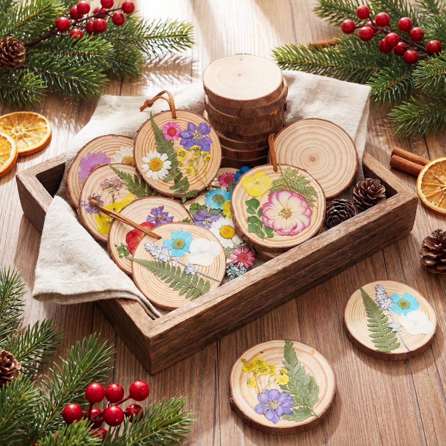 Maasechs 20 Set Spring DIY Wooden Crafts with Dried Pressed Flowers Leaves Unfinished Wood Slices Hanging Ornaments for Art Project Craft Wedding Home Decoration Gifts(Vivid)