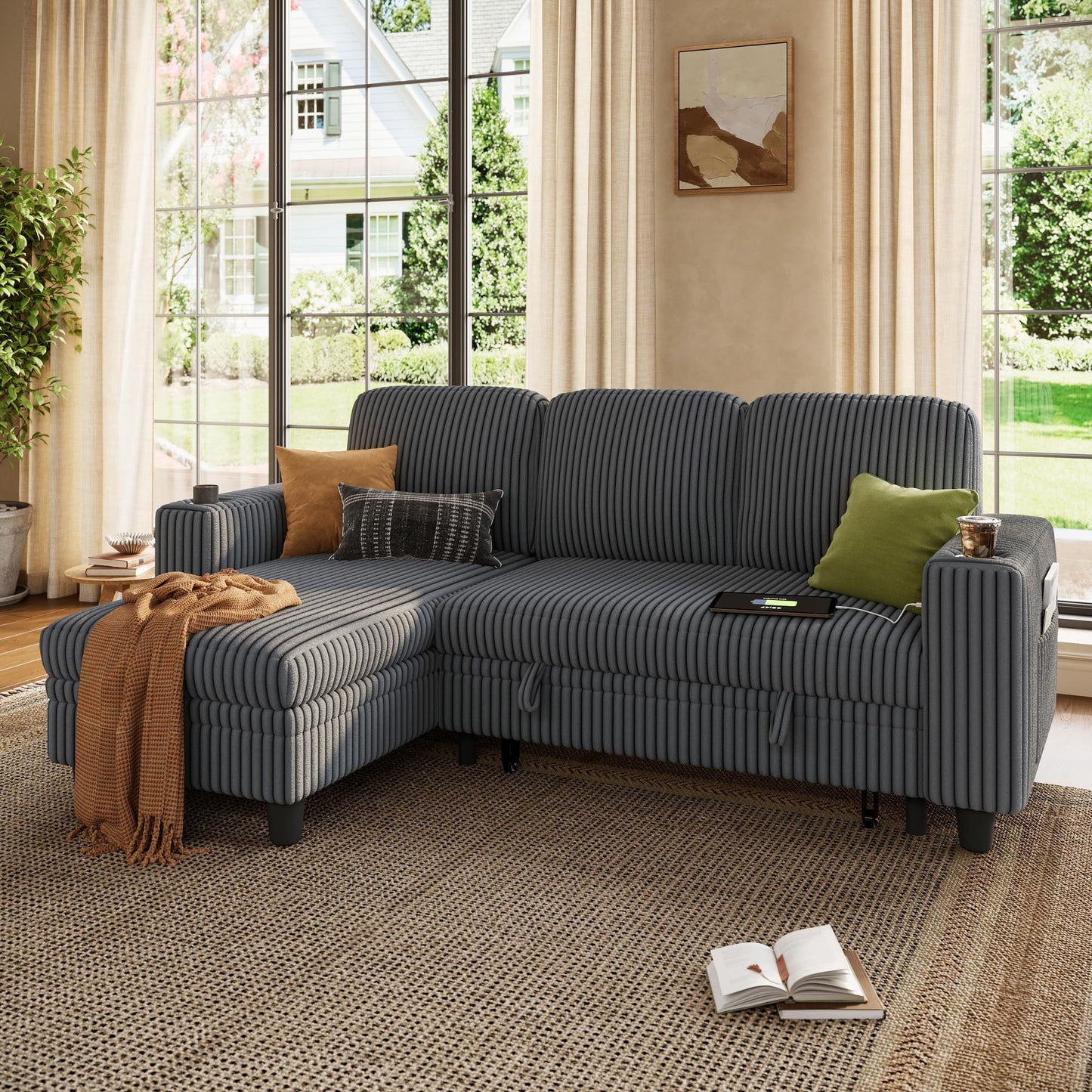 LINSY Home Sleeper Sofa Couch with Storage Chaise & USB Charging, Convertible Sectional Pull Out Sofa Bed with Plush Corduroy Fabric, Modular Sectional Couches for Living Room Apartment (Grey)
