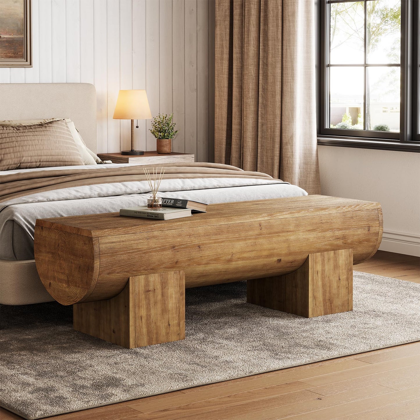 TRIBEWOOD 47 Inch Wooden Entryway Bench, Solid Wood End of Bed Bench Seat, Farmhouse Indoor Bench for Bedroom, Hallway, Living Room, Brown