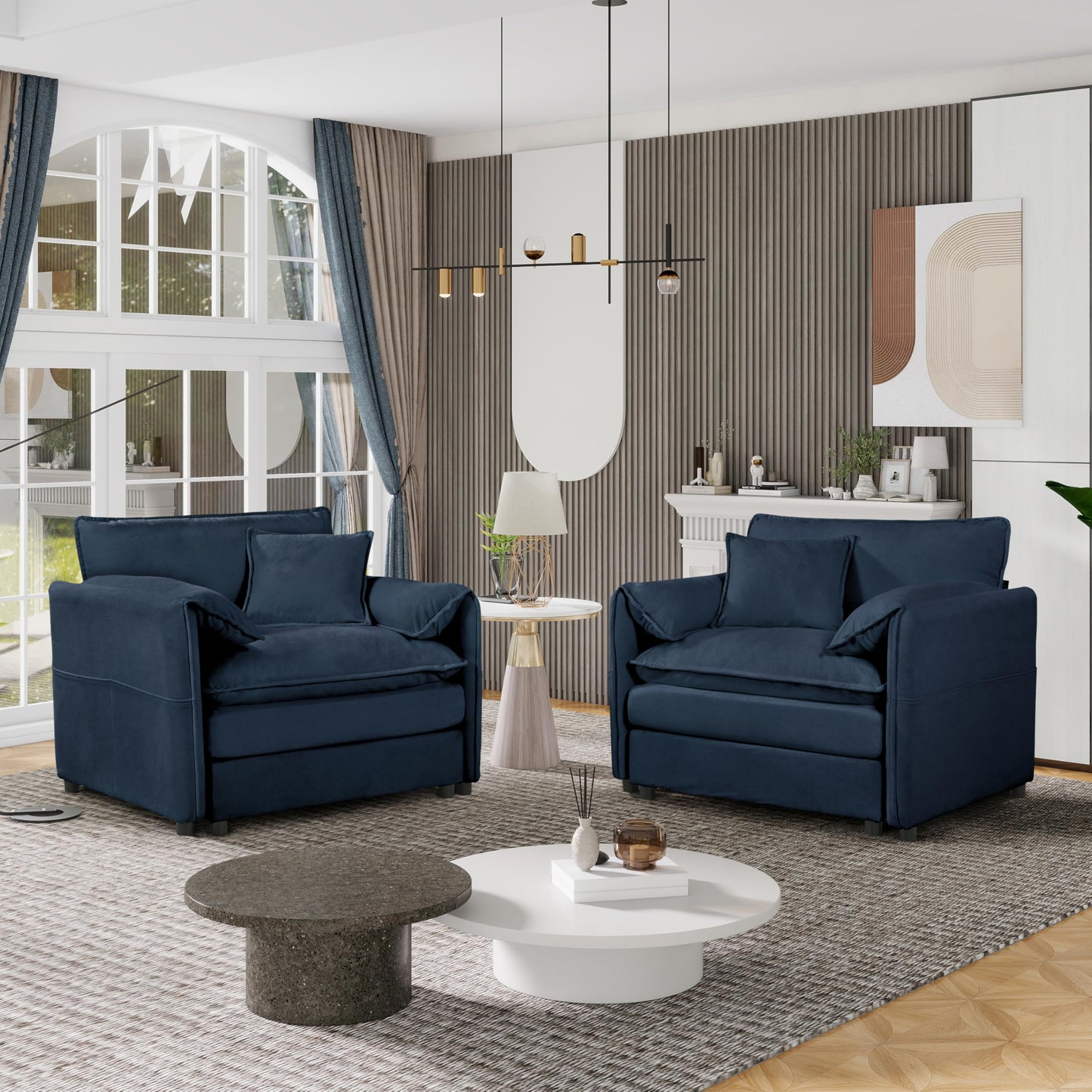 KEIKI Oversized Accent Chair Set of 2, Chenille Deep Seat Single Sofa Chairs with Side Pockets, Modern Upholstered Armchair for Bedroom, Living Room, Apartment, Blue