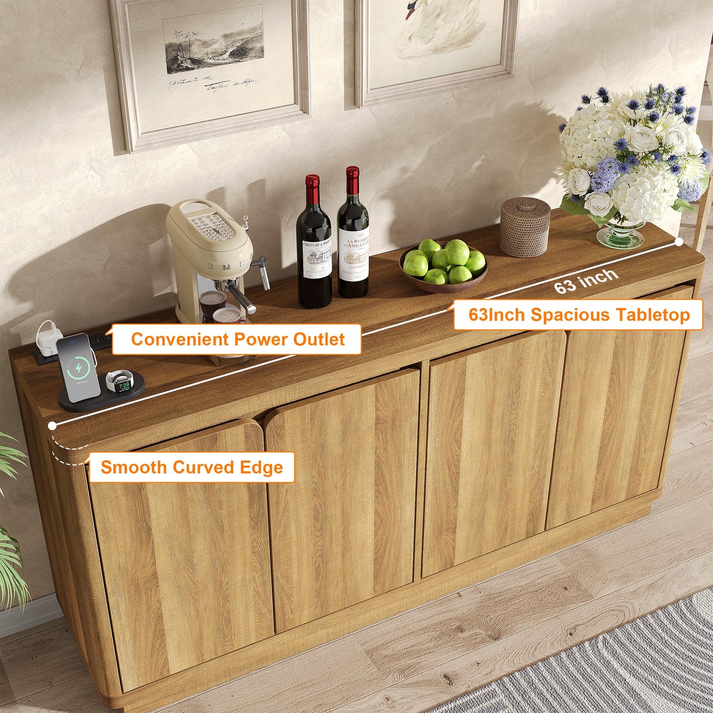 knoworld Buffet Cabinet with Storage, Outlet & Adjustable Shelves, Sideboard Cabinet with Double-Arc Doors, Classic Modern Wood Console Table & Credenza for Dining Room & Entryway