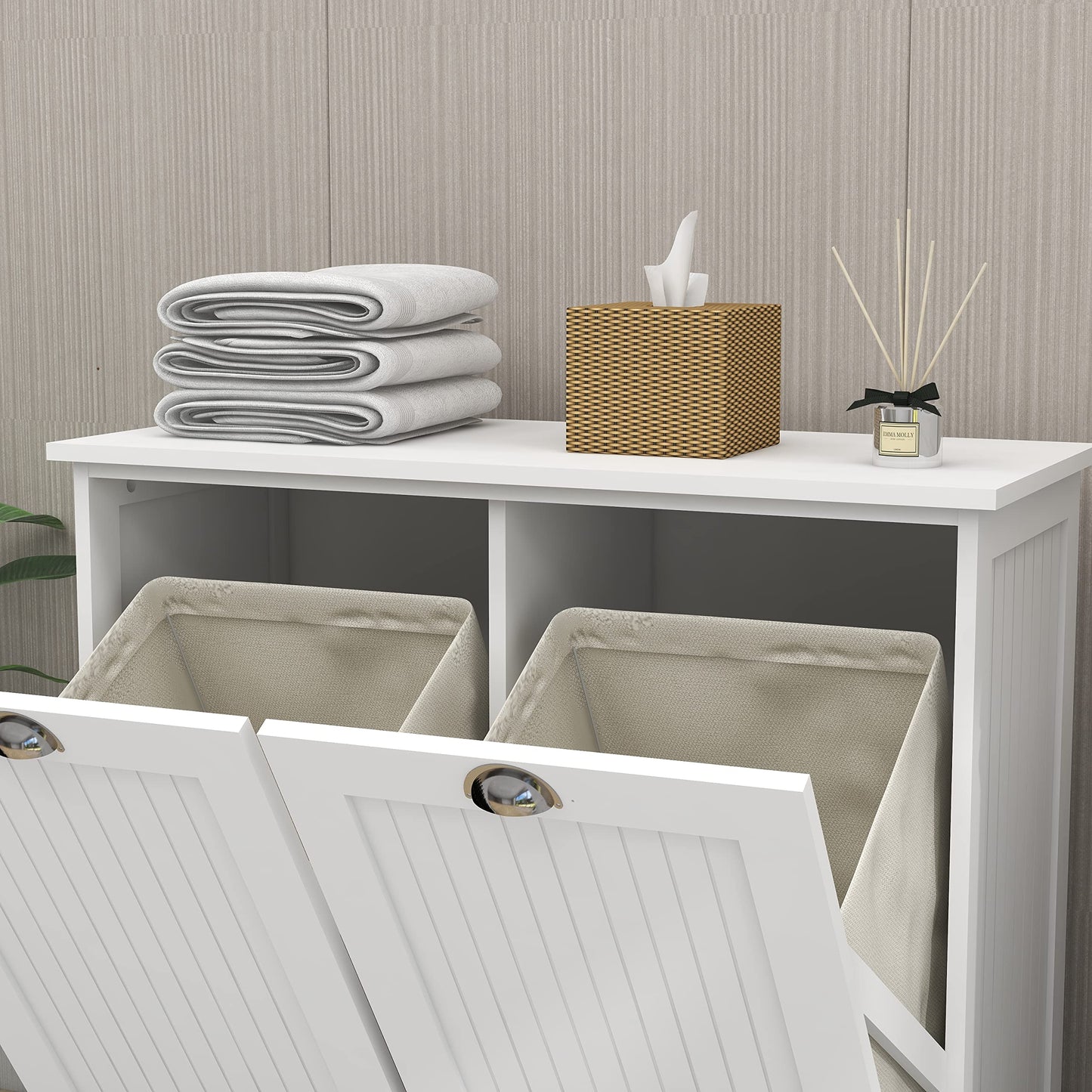 Leamoo 32.68" W x 14.57" D x 31.5" H Two-Compartment Tilt-Out Laundry Sorter Cabinet White MDF