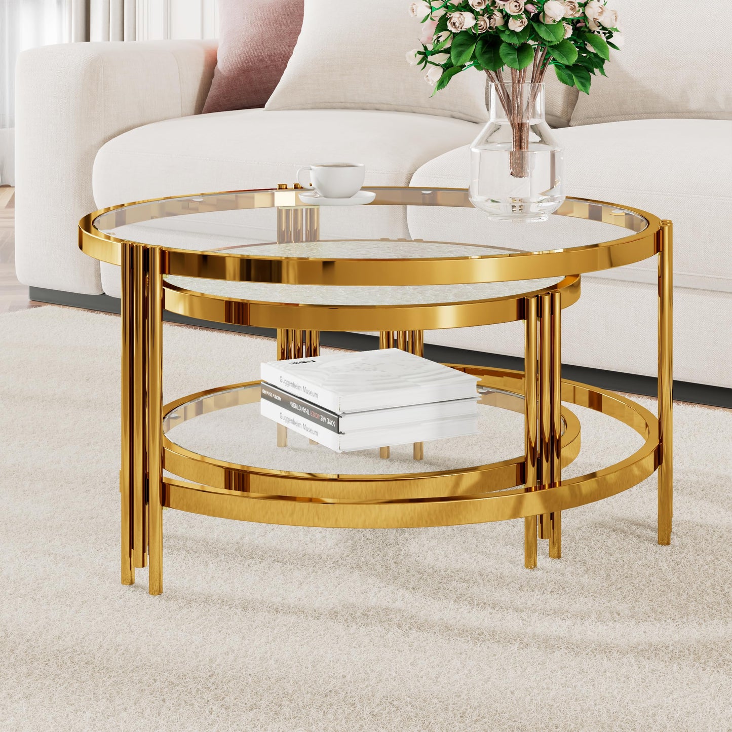 Merax 2-Piece Nesting Round Coffee Table Set, Gold Finish Metal Frame with Textured Tempered Glass Tops, Modern Stylish Accent & Side Table for Living Room, Bedroom, Apartment, Office, Transparent