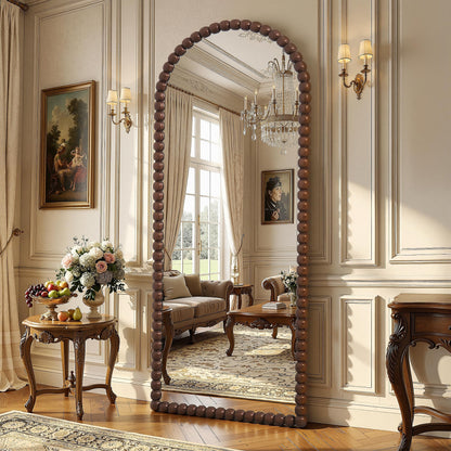 Antok 71" x 28" Arched Full Length Mirror, Antique Beaded Frame Floor Standing or Wall Mounted Mirror with Stand for Bedroom, Entryway, Brown, Luxury Style