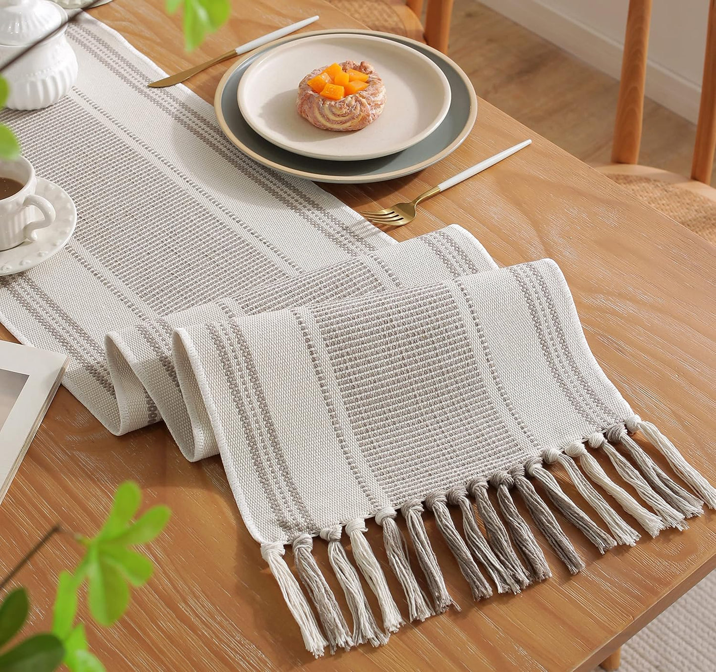 13 72 Inch Caflife Boho Table Runner Natural Stripe for Modern Farmhouse Coffee Table Decor, Rustic Woven Runner