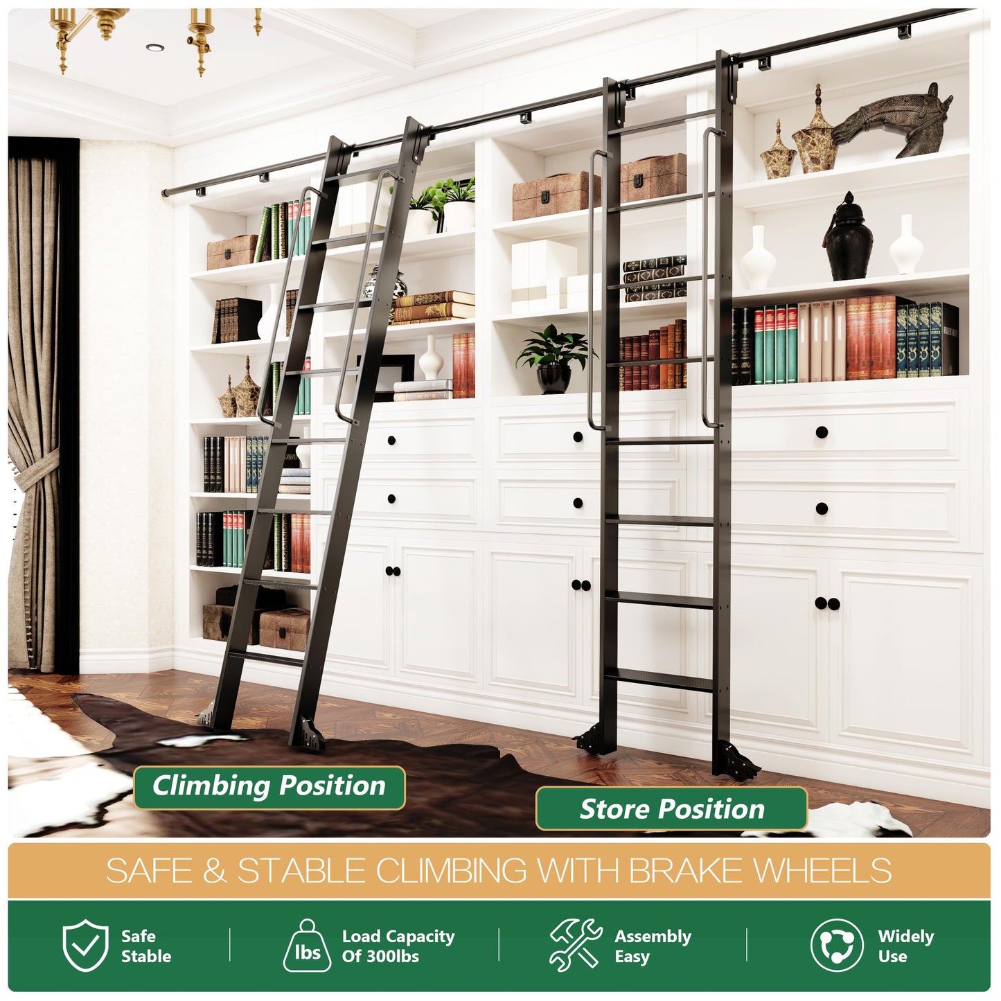104RDHOUSE 8FT Lightweight Aluminum Rolling Step Ladder 96",Rolling Library Ladder with Wheels,Industrial Sliding Ladder for Home Library,Bookshelf, 4FT Hook Ladder Bookcase Track Kit for Home