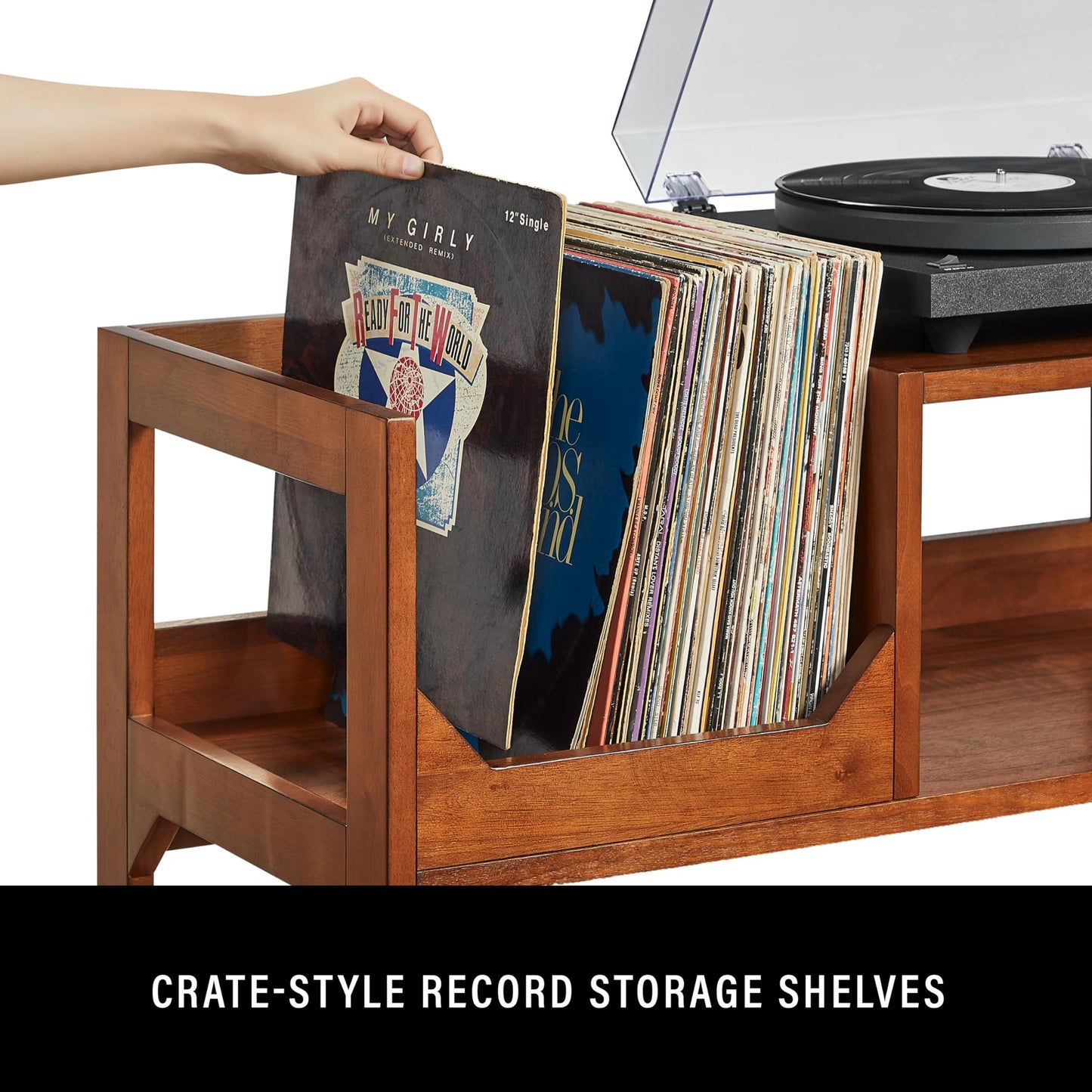 Crosley Furniture Asheville Mid-Century Modern Media Console Record Player Stand, Storage for Vinyl Records, Walnut