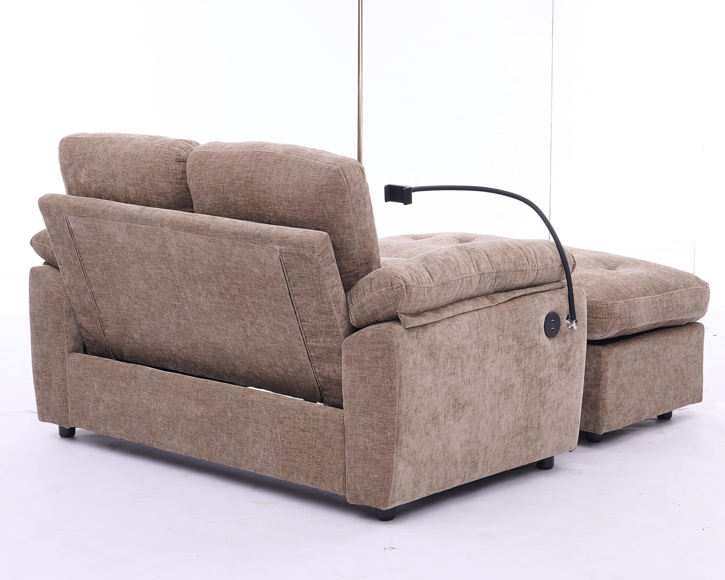 KEIKI 56" Oversized Chaise Lounge Chair Indoor with Storage Ottoman, USB Port &Phone Stand, Cloud Upholstered Chaise Lounge Recliner, Deep Seat Reading Couch Sofa Bed for Living Room Bedroom,Brown