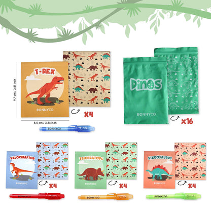 BONNYCO Invisible Ink Pen and Notebook Pack 16, Dinosaur Party Favors for Kids. Magic Spy Pen Goodie Bags Stuffers for Kids, Dinosaur Birthday Party Supplies. Goody Bag Stuffers, Return Gifts Prizes