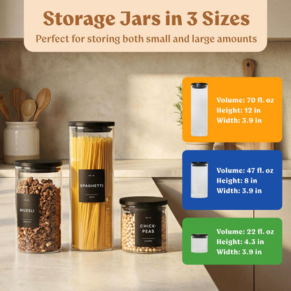 EDELHAUS Glass Storage Containers with Black Lids [Extra Thick Glas] with 54 Labels - Canister For Pantry Noodles Flour Cereal Rice Sugar Tea Coffee Beans - Round Set of 5x