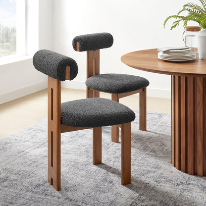 Modway Torian Upholstered Boucle Dining Chairs Set of 2 in Walnut Charcoal - 3-Legged Farmhouse Kitchen Chairs - Mid-Century Modern Armless Accent Chairs - Comfortable Side Chairs with Wood Legs