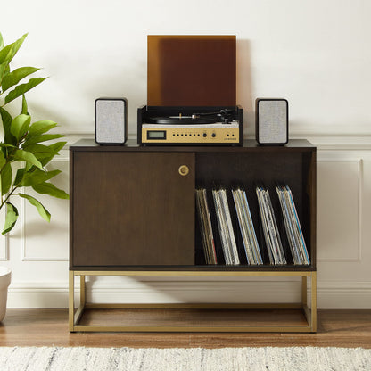Crosley Furniture Byron Media Console and Record Player Stand with Storage for Vinyl Records, Dark Brown/Gold