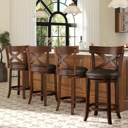 PHI VILLA 26 inch Counter Height Bar Stools Set of 4, Swivel Bar Stools with Back, Wooden Bar Chairs Faux Leather Kitchen Counter Stools