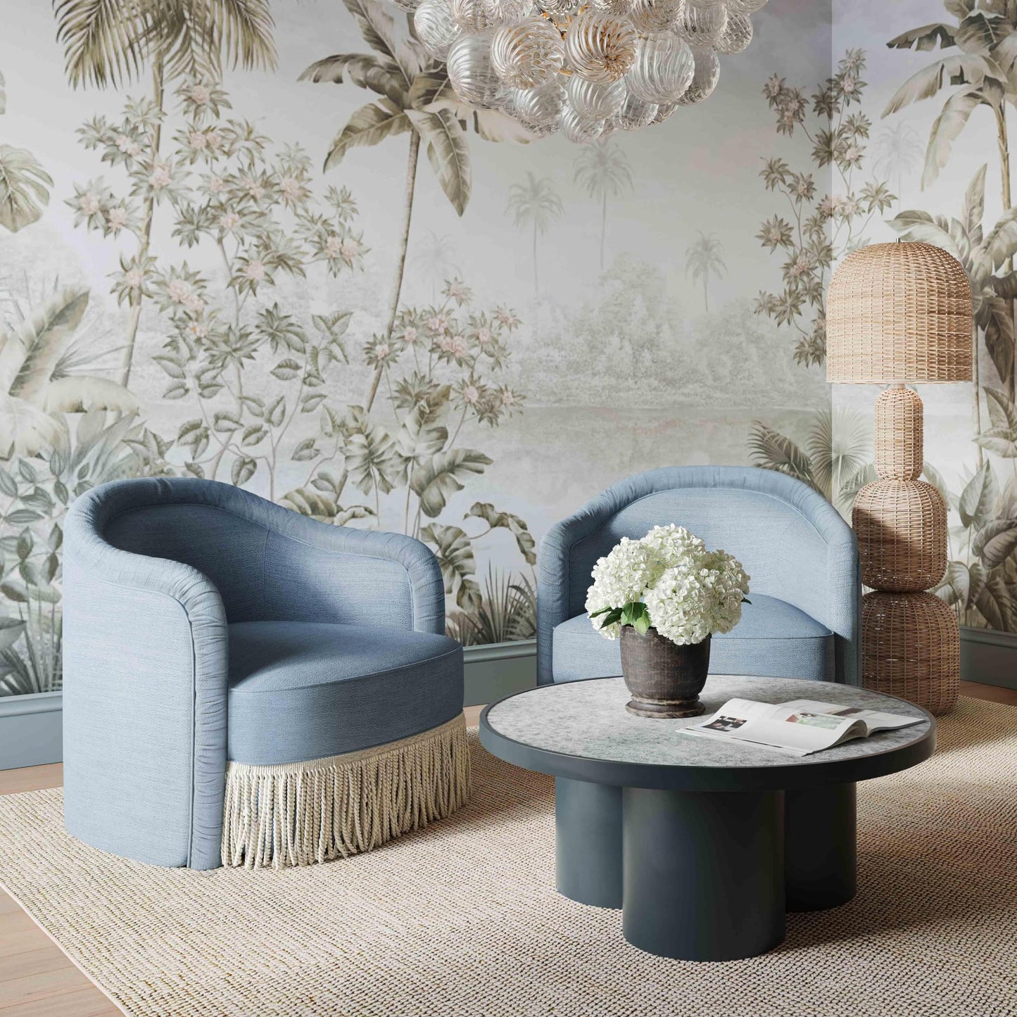 Tov Furniture Pamela Faded Blue Recycled Fabric Tassel Lounge Chair