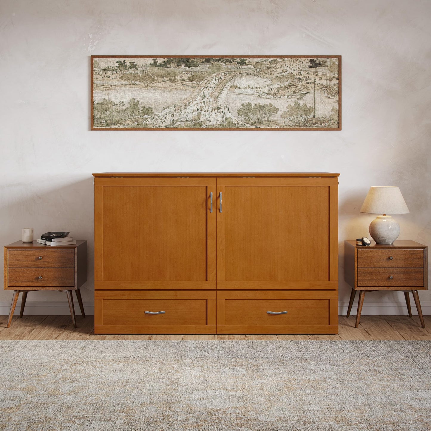 AFI Hamilton Queen Murphy Bed Chest with Mattress, Storage, and Built-in Charger in Light Toffee
