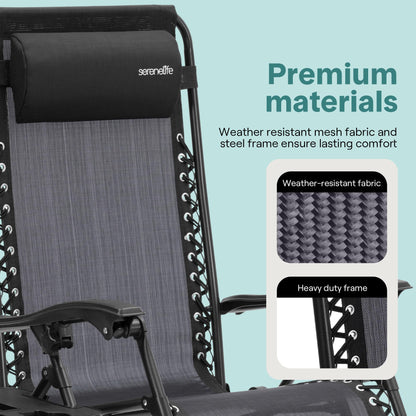 SereneLife Zero Gravity Outdoor Lounge Chairs 2 Pack – Folding Recliners with Side Table, Cup Holder & Padded Headrest – Adjustable Patio Chairs for Lawn, Garden, Deck, Camping (Black)
